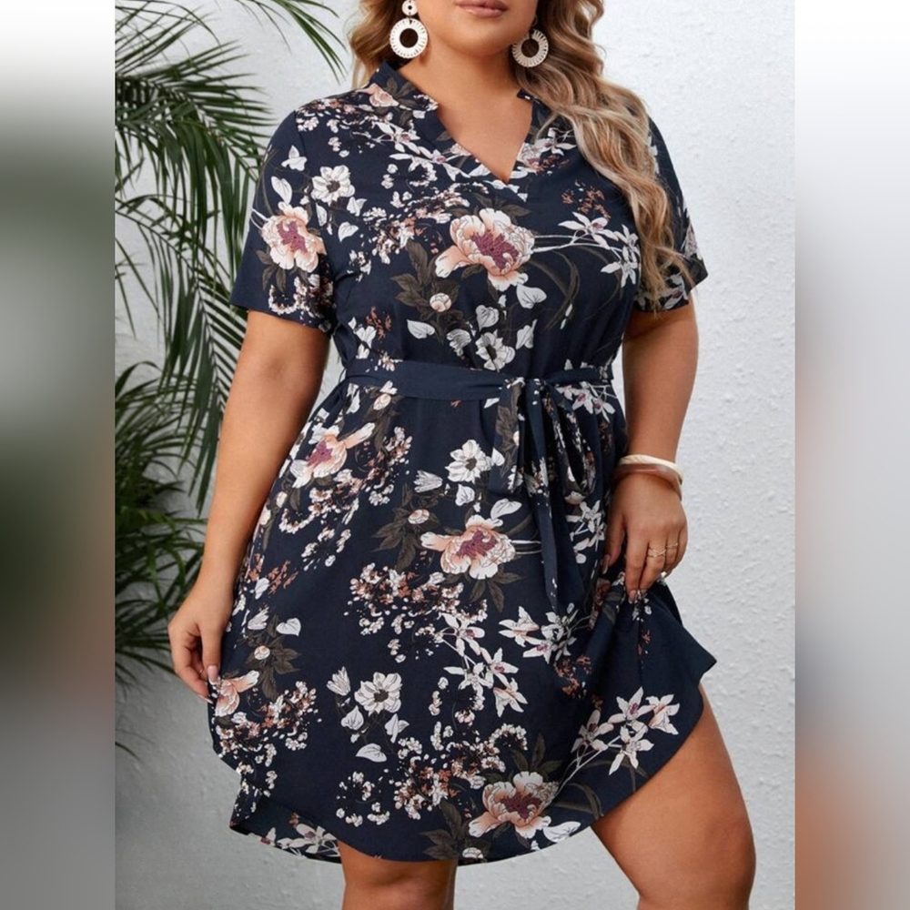 Shein 2X Navy Blue Floral Tie-Waist Dress 2581-R